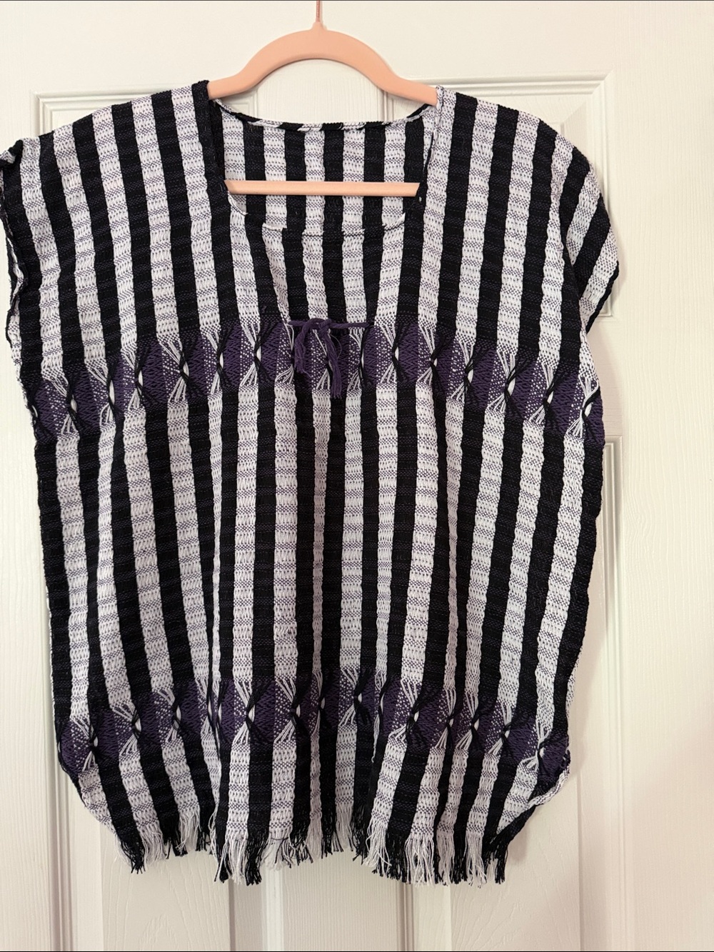 Woven Black & White Striped Short Sleeve Fringe Top with Purple Accent